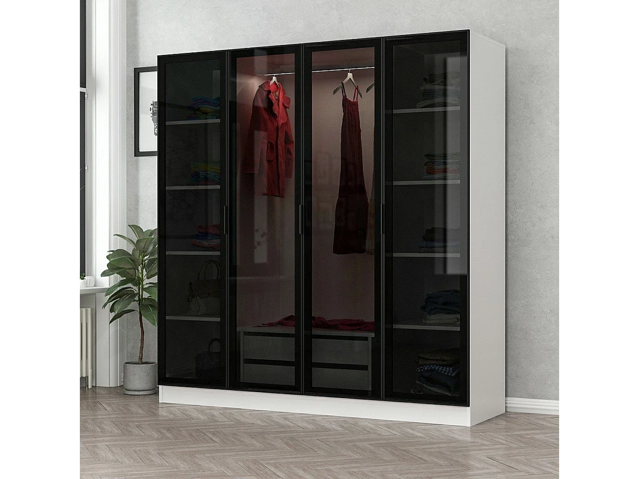 Guardaroba Kailua S105, Nero|Bianco, 210x180x52cm, Porte guardaroba: Con cerniere