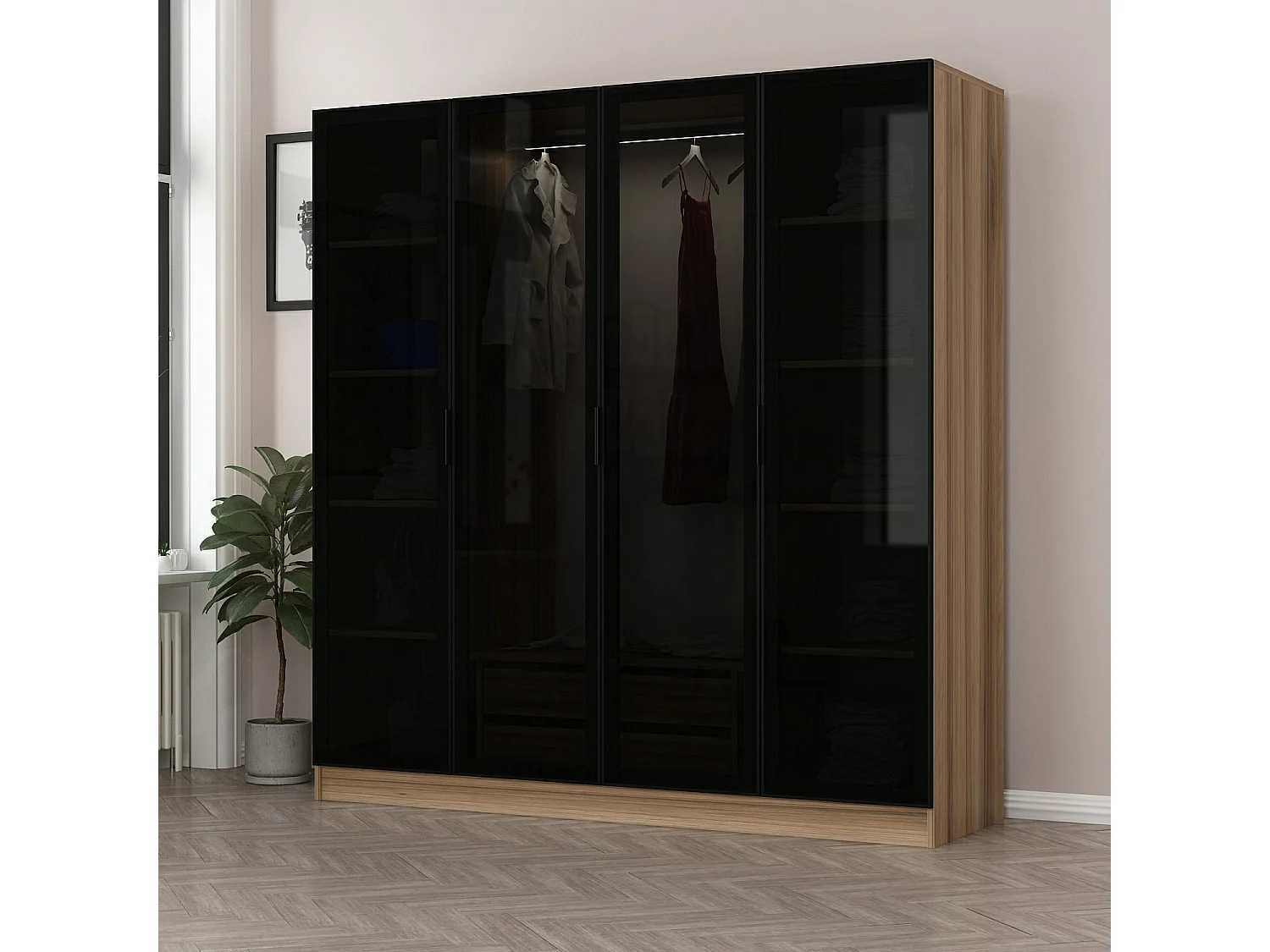 Guardaroba Kailua S105, Quercia|Nero, 210x180x52cm, Porte guardaroba: Con cerniere