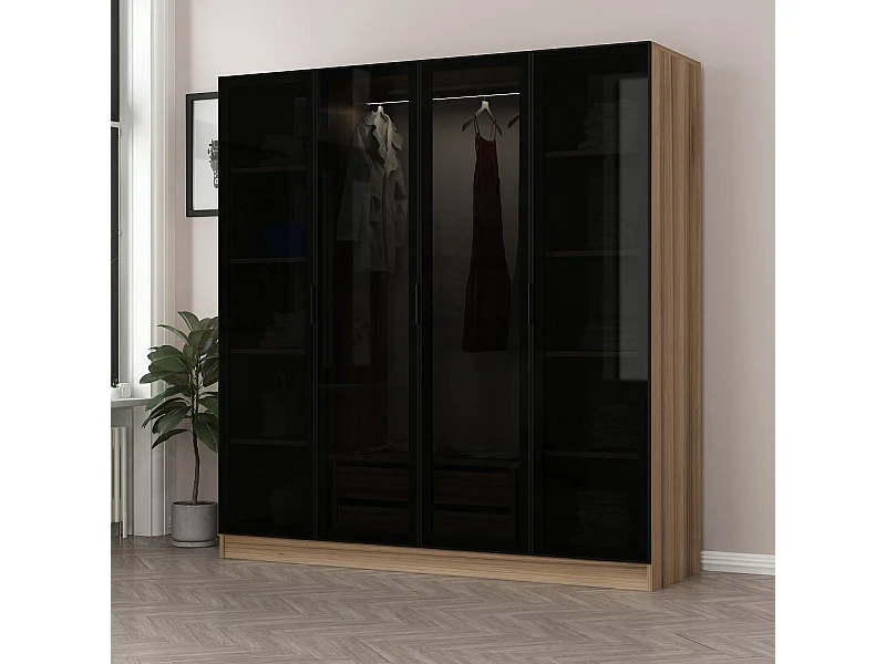 Guardaroba Kailua S105, Quercia|Nero, 210x180x52cm, Porte guardaroba: Con cerniere