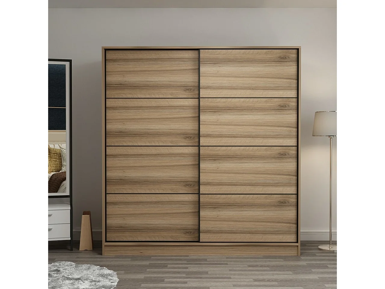 Dressing Carina Blanc L180xH190cm avec 2 portes coulissantes Bois clair