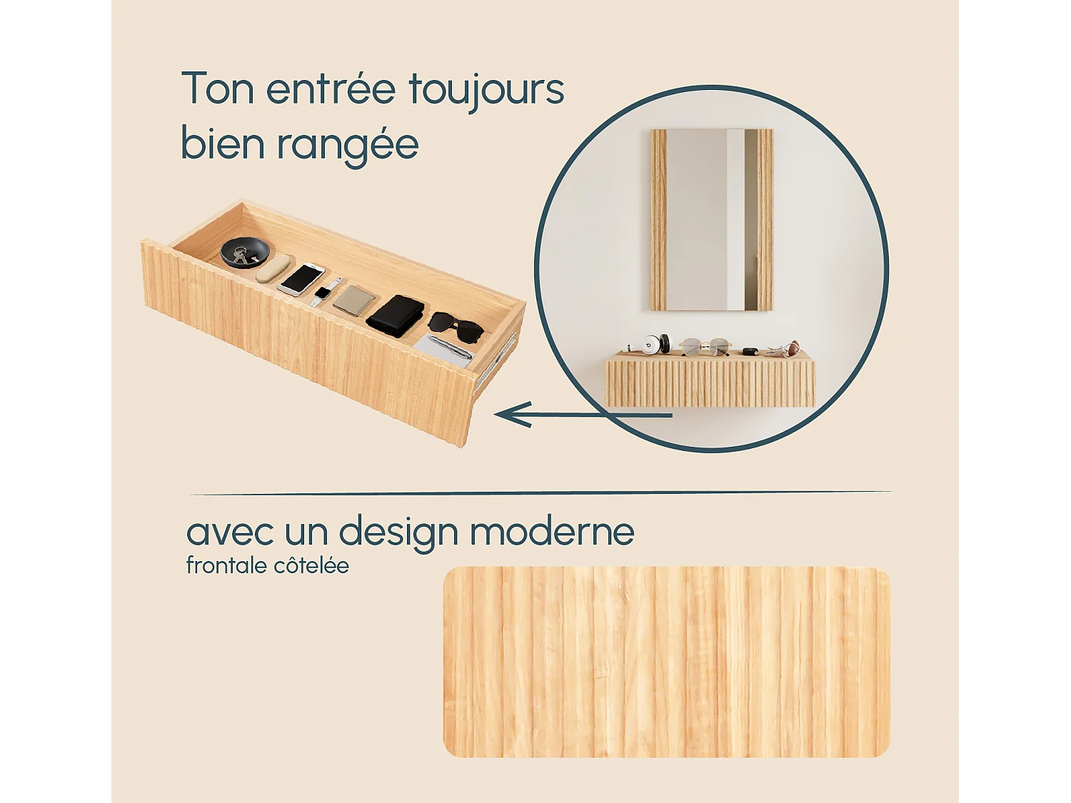 Meuble d'entrée pour Hall d'entrée Couloir en Coleur Chêne Alba 80x42x97cm Amira