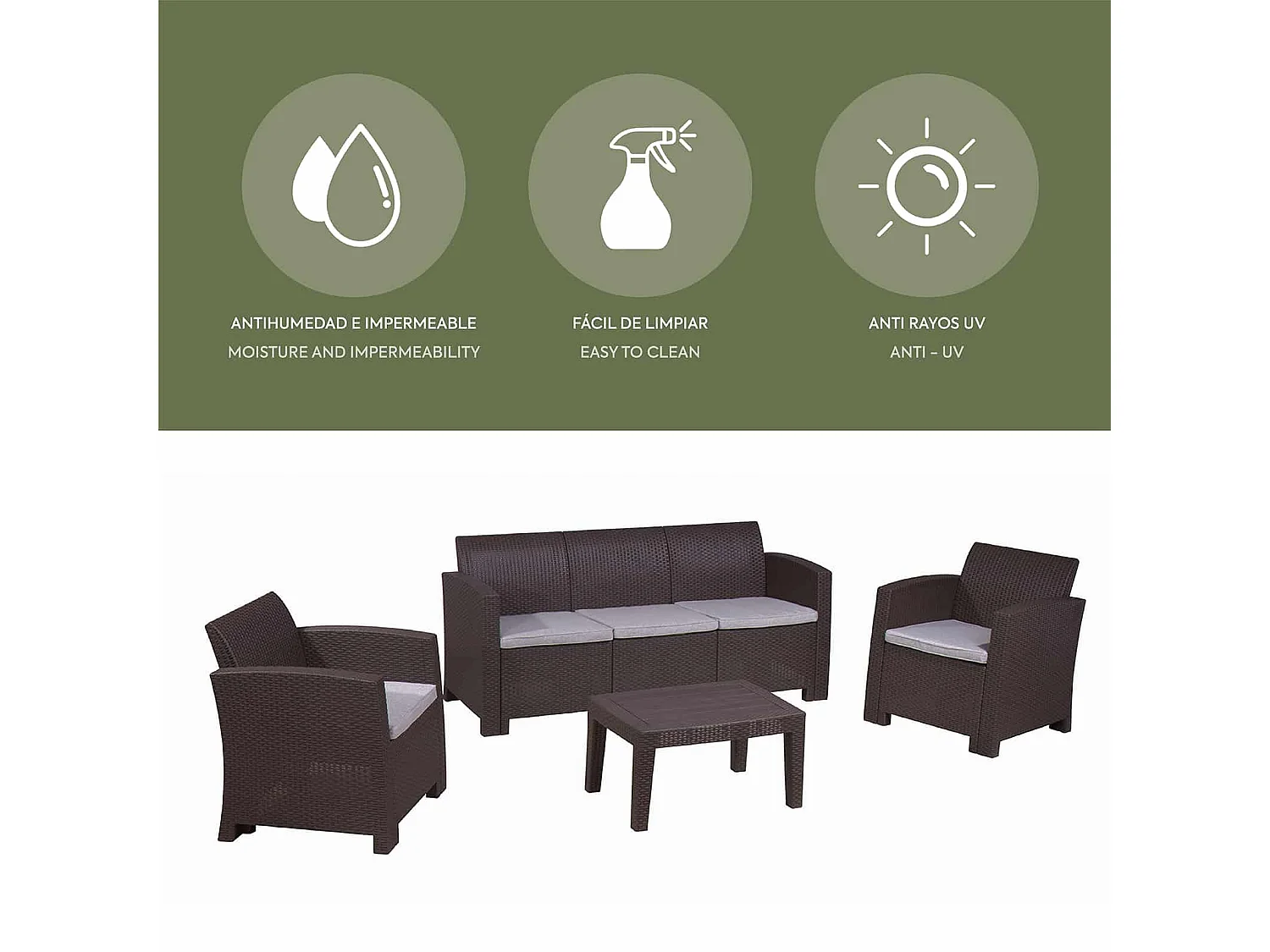 Conjunto de Jardín Chillvert Salerno Resina 1 Sofá+ 2 Sillones + 1 Mesa Marrón