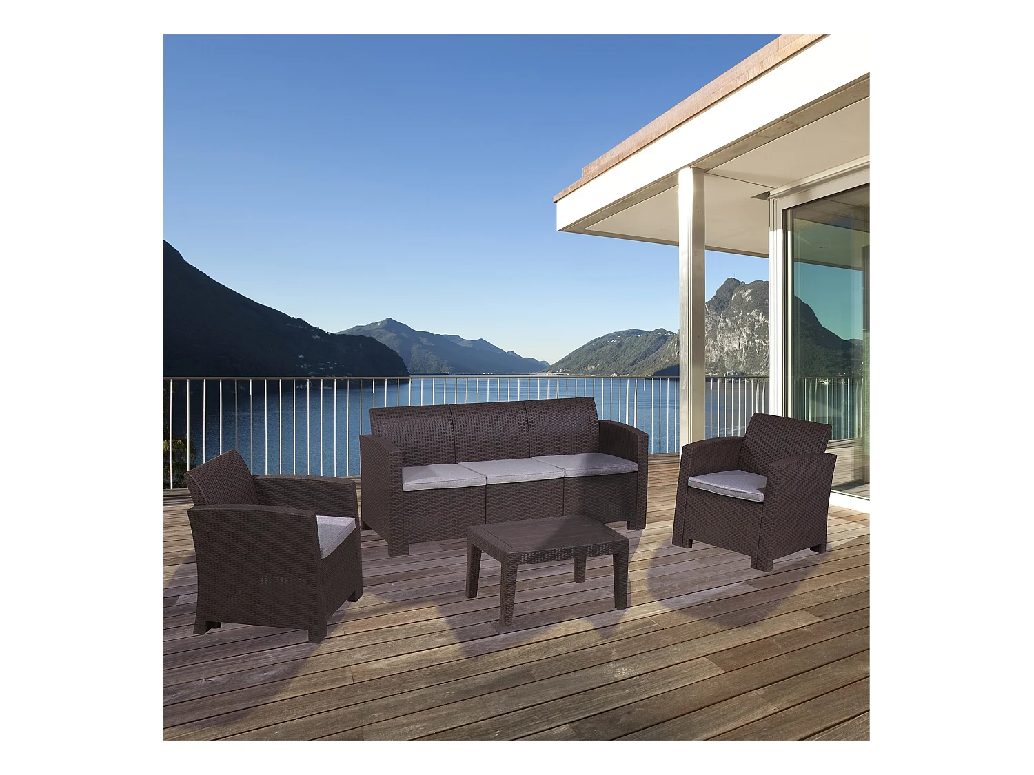 Salon de Jardin Chillvert Salero en Résine 1 Canapé + 2 Fauteuils + Table Marron
