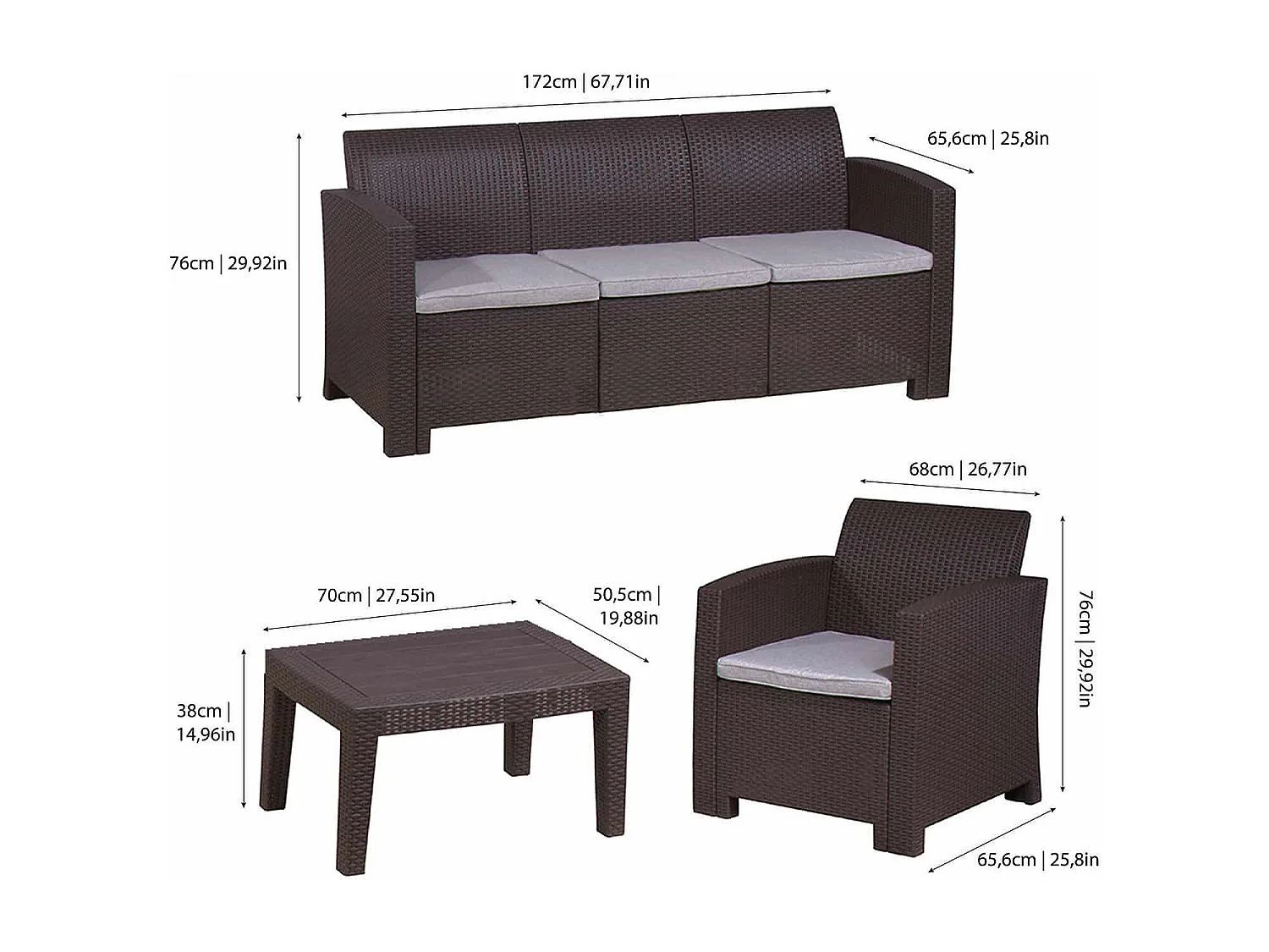 Salon de Jardin Chillvert Salero en Résine 1 Canapé + 2 Fauteuils + Table Marron