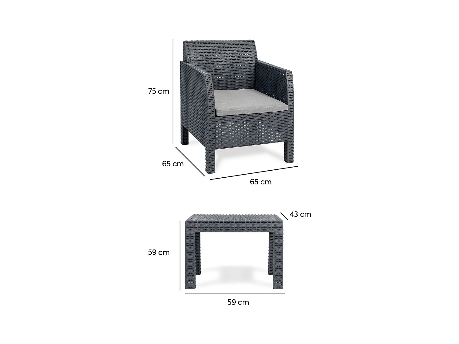 Toomax Matilde 2 Ensemble de Jardin et Terrasse composé de 2 Fauteuils avec Coussin 65x65x75 cm + Table Basse 59x59x43 cm Effet Rotin