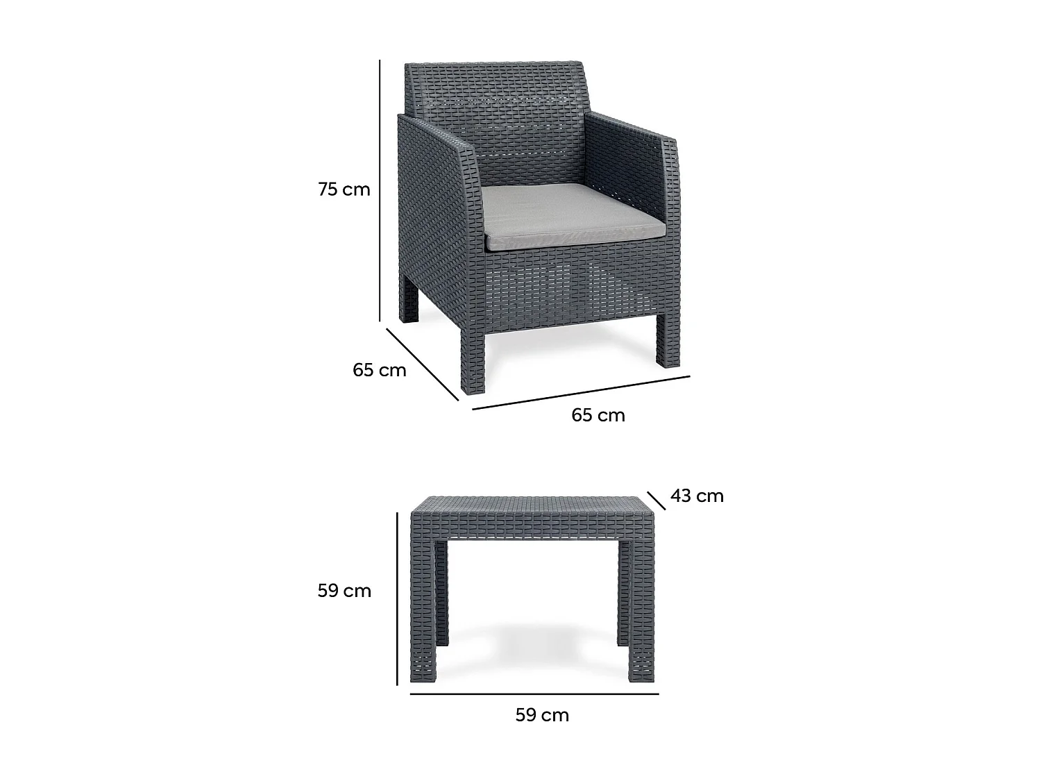 Toomax Matilde 2 Ensemble de Jardin et Terrasse composé de 2 Fauteuils avec Coussin 65x65x75 cm + Table Basse 59x59x43 cm Effet Rotin