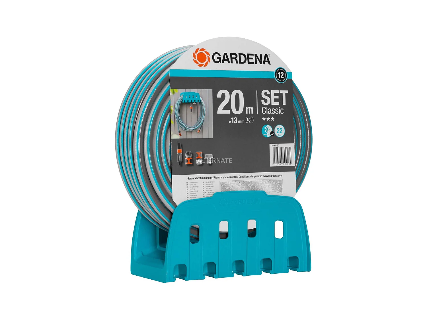 Kit de Tuyau d'Arrosage de Jardin Gardena Classic avec Tuyau Flexible de 20m et 13 mm, Support Mural et Lance avec Buse Réglable