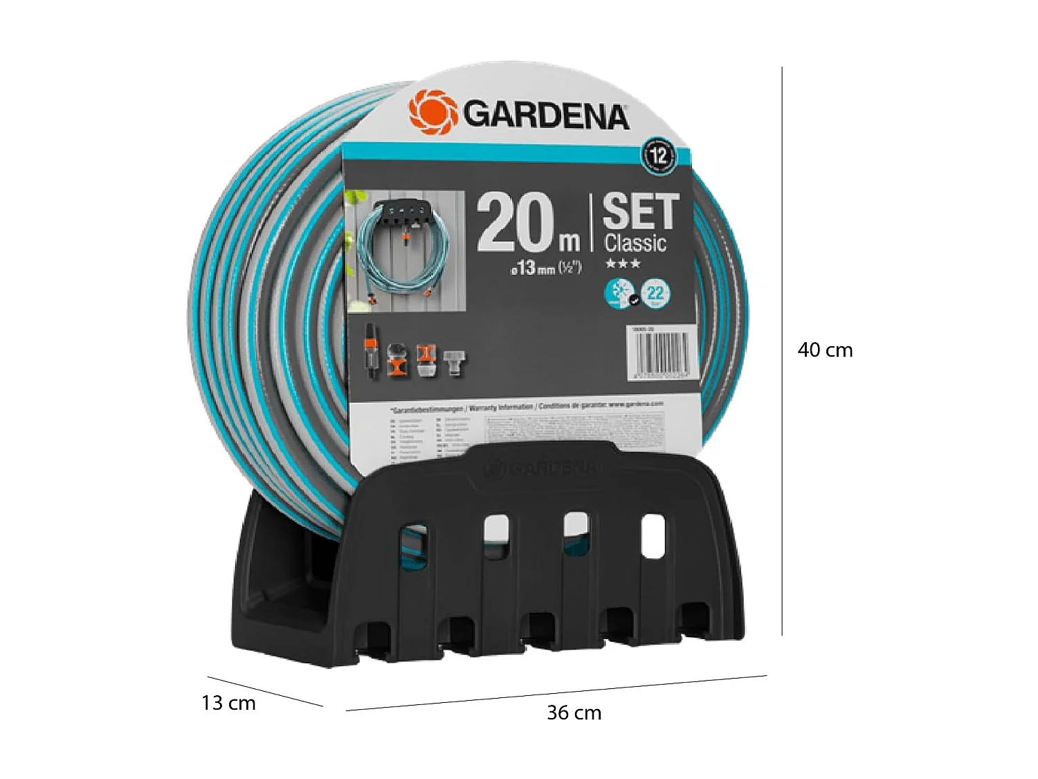 Kit de Tuyau d'Arrosage de Jardin Gardena Classic avec Tuyau Flexible de 20m et 13 mm, Support Mural et Lance avec Buse Réglable
