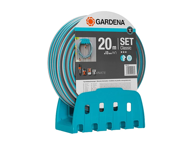 Kit de Tuyau d'Arrosage de Jardin Gardena Classic avec Tuyau Flexible de 20m et 13 mm, Support Mural et Lance avec Buse Réglable