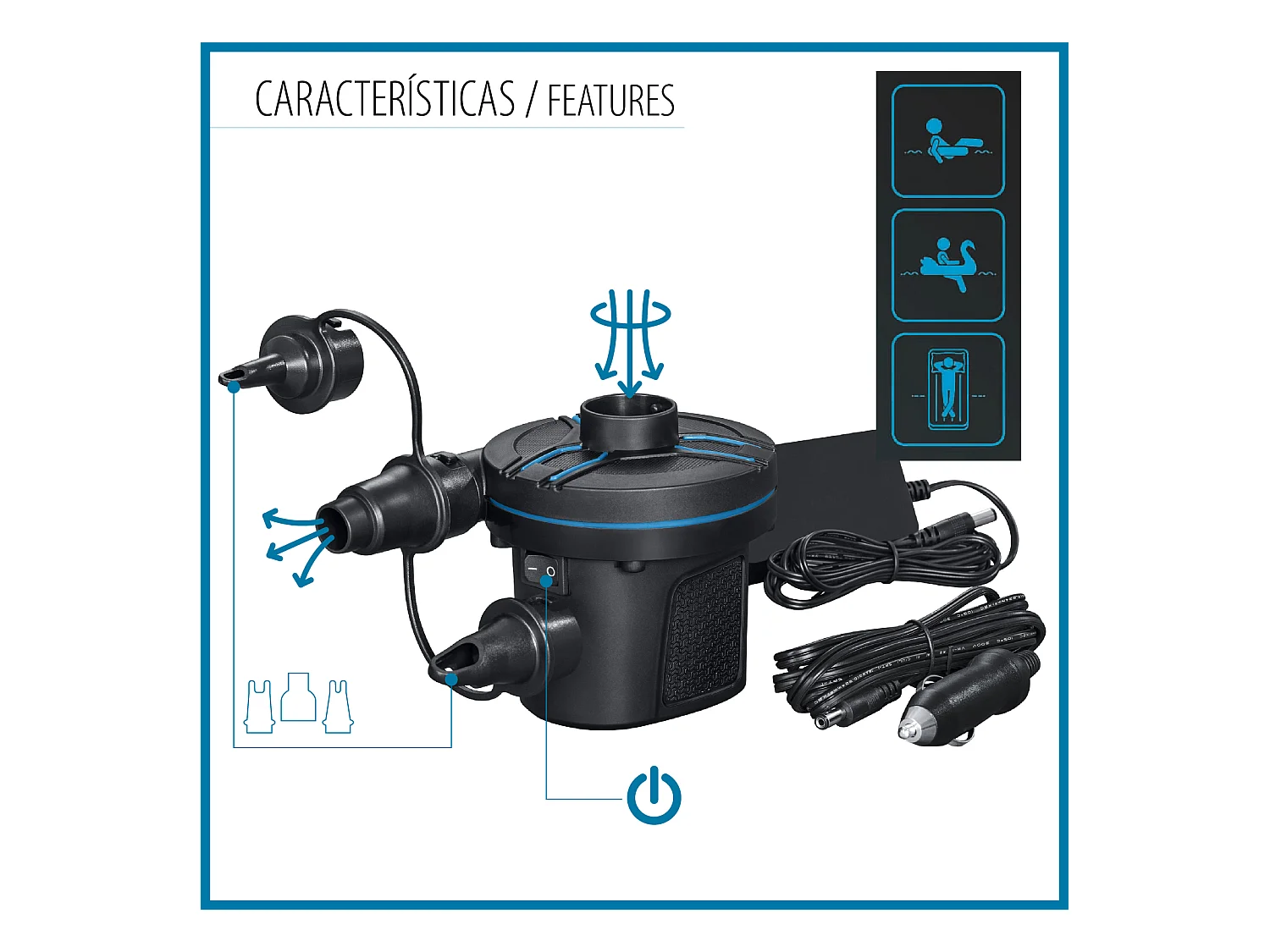 Gonfleur Électrique Portable AC DC Power Touch Bestway 3 Adaptateurs Valves | Prise Voiture de 12 V Batterie 220V | Pompe 2 en 1