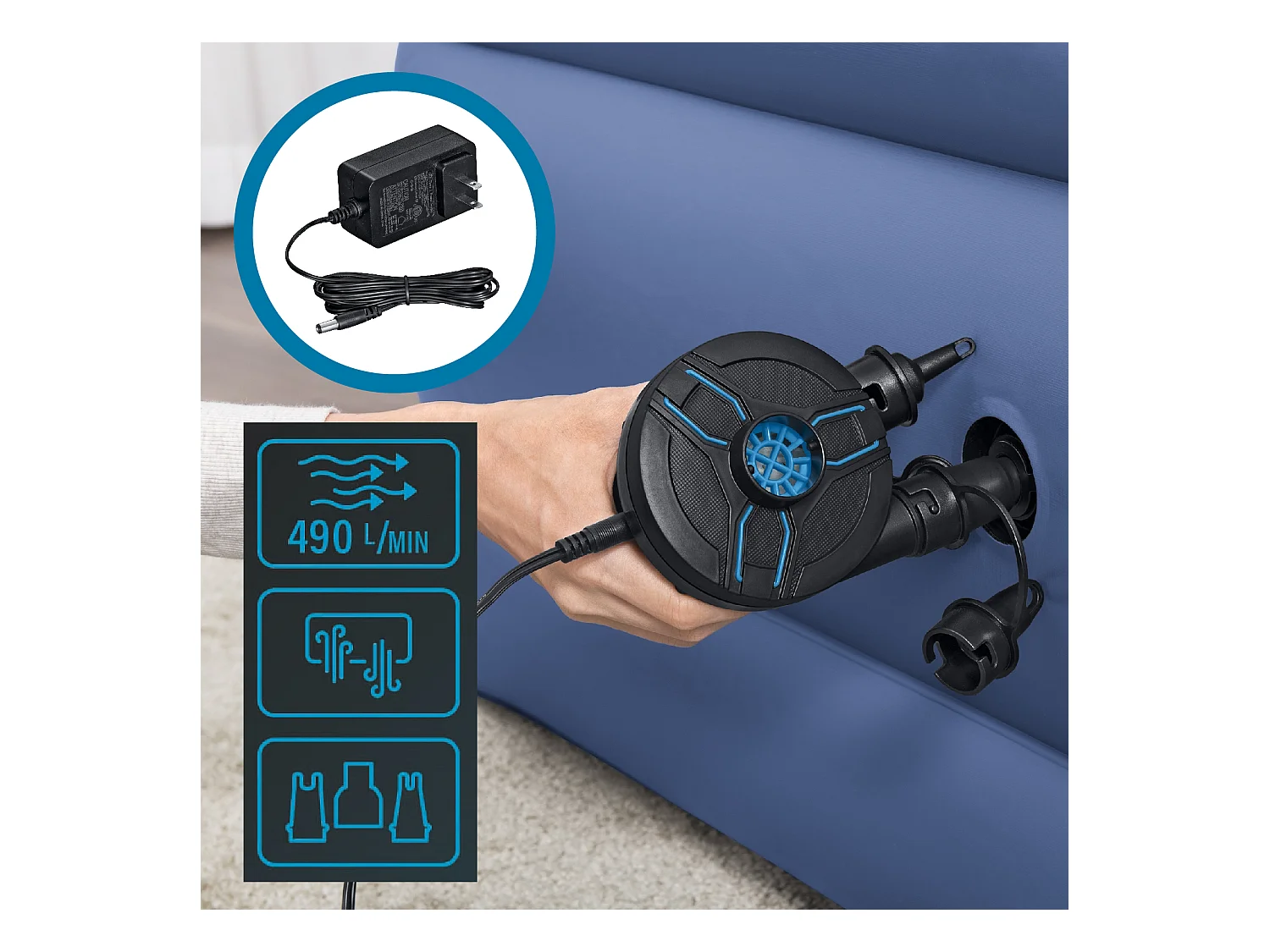 Gonfleur Électrique Portable AC DC Power Touch Bestway 3 Adaptateurs Valves | Prise Voiture de 12 V Batterie 220V | Pompe 2 en 1