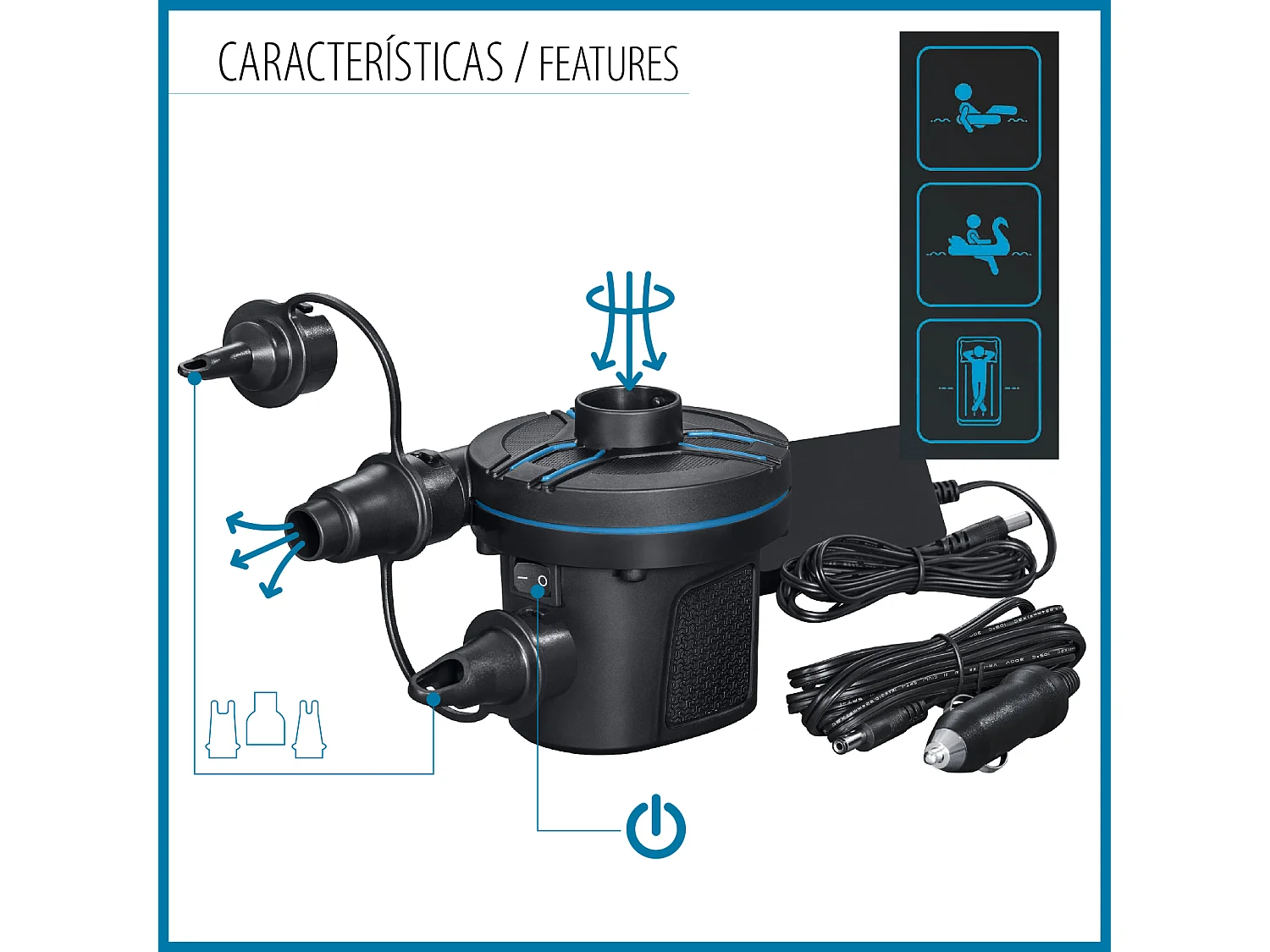 Gonfleur Électrique Portable AC DC Power Touch Bestway 3 Adaptateurs Valves | Prise Voiture de 12 V Batterie 220V | Pompe 2 en 1