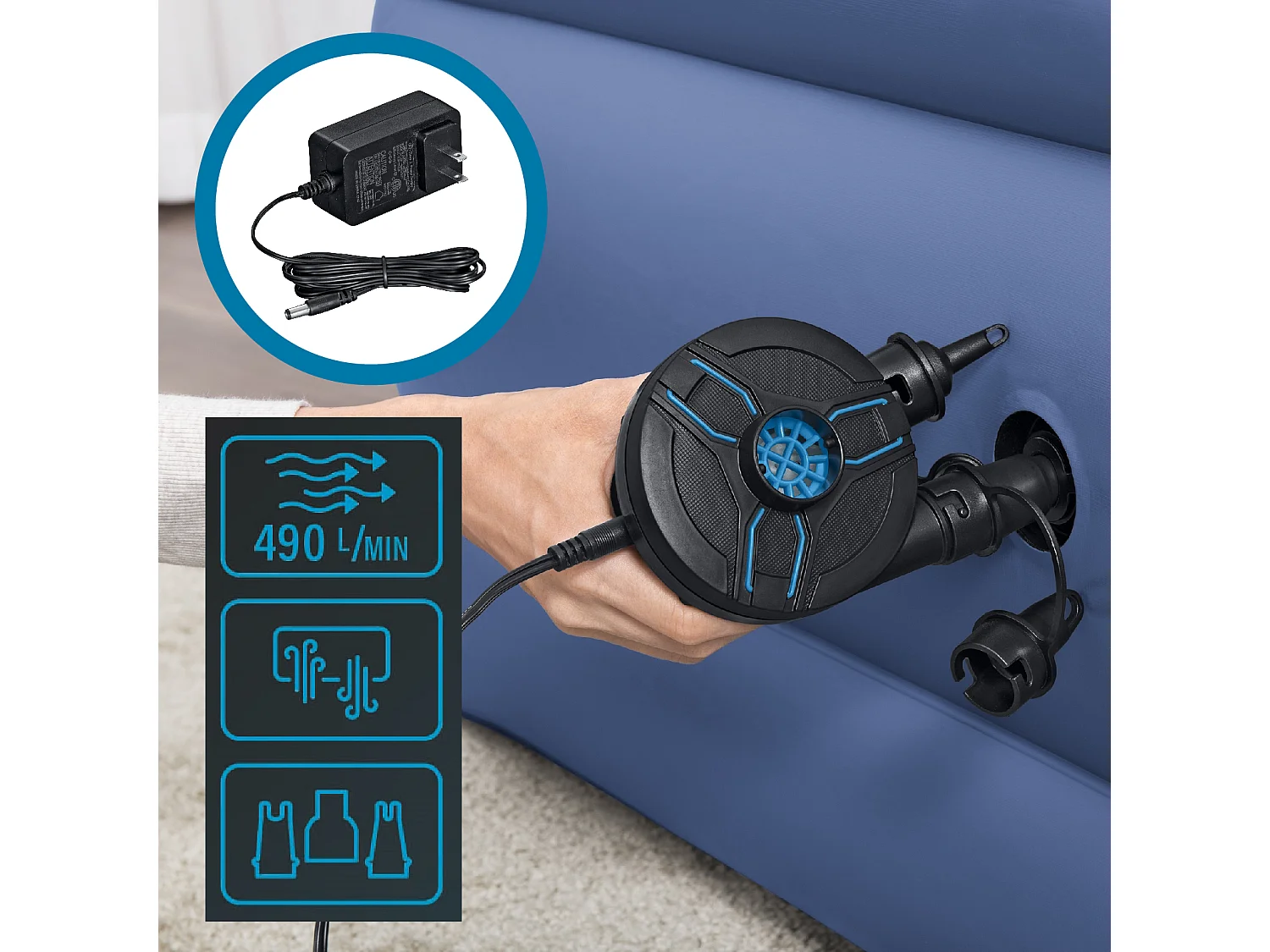 Gonfleur Électrique Portable AC DC Power Touch Bestway 3 Adaptateurs Valves | Prise Voiture de 12 V Batterie 220V | Pompe 2 en 1