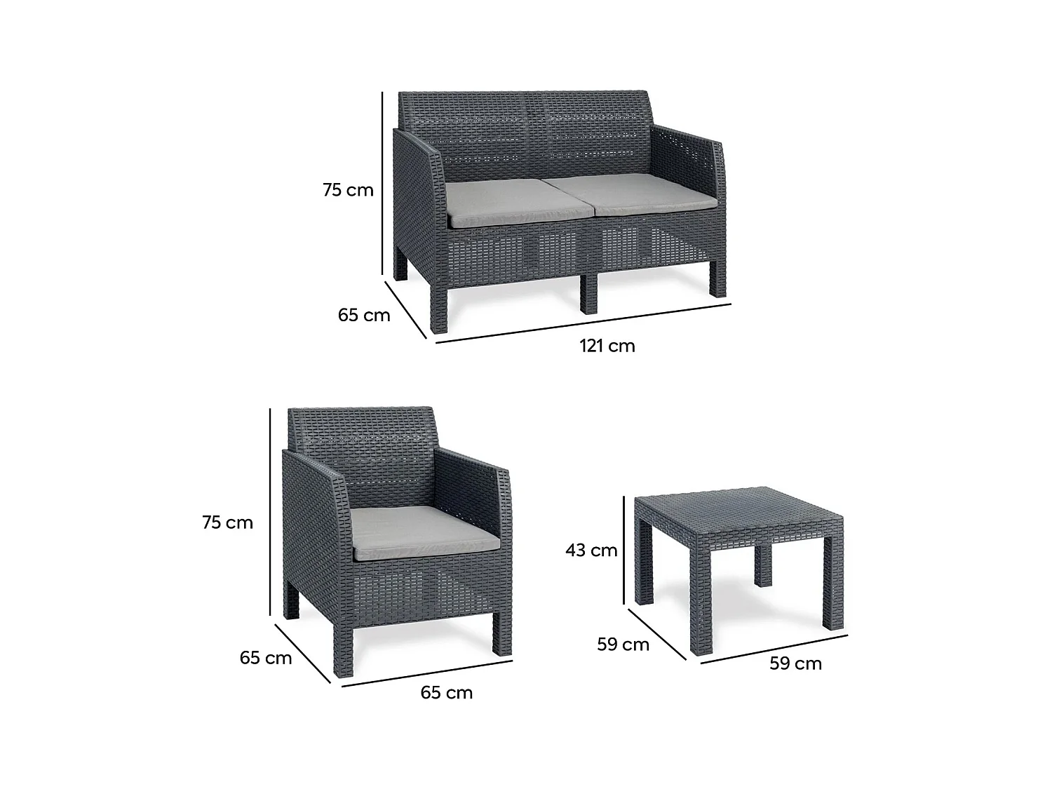 Toomax Matilde 4 Ensemble de Jardin et Terrasse avec 1 Canapé 121x65x75 cm + 2 Fauteuils 65x65x75 cm + Table 59x59x43 cm Effet Rotin