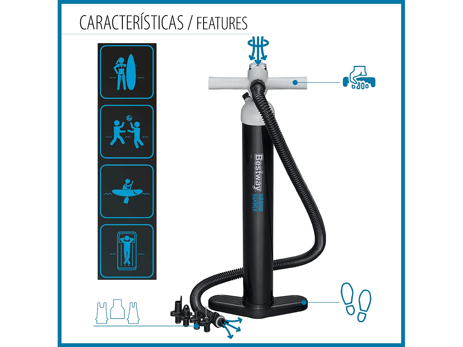 Inflador Manual de Alta Presión Bestway Air Hammer Manguera Flexible 5 Adaptadores Válvulas | Manómetro Analógico Sensor Presión