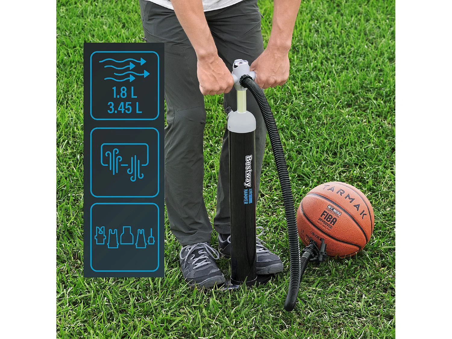 Inflador Manual de Alta Presión Bestway Air Hammer Manguera Flexible 5 Adaptadores Válvulas | Manómetro Analógico Sensor Presión