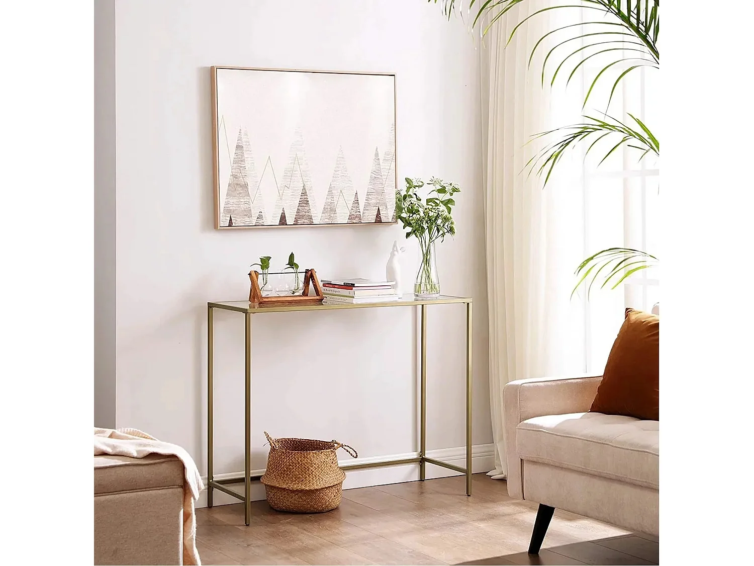 Console Uzoe L100cm Métal Or et Verre transparent