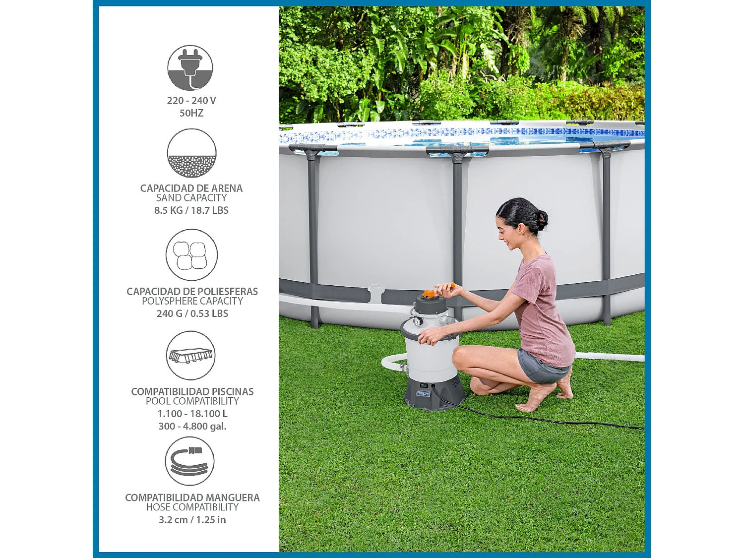 Pompe de Filtration Épurateur à Sable pour Piscines Hors Sol Bestway Flowclear de 3.028L/h Raccord 32mm et Distributeur Chimique