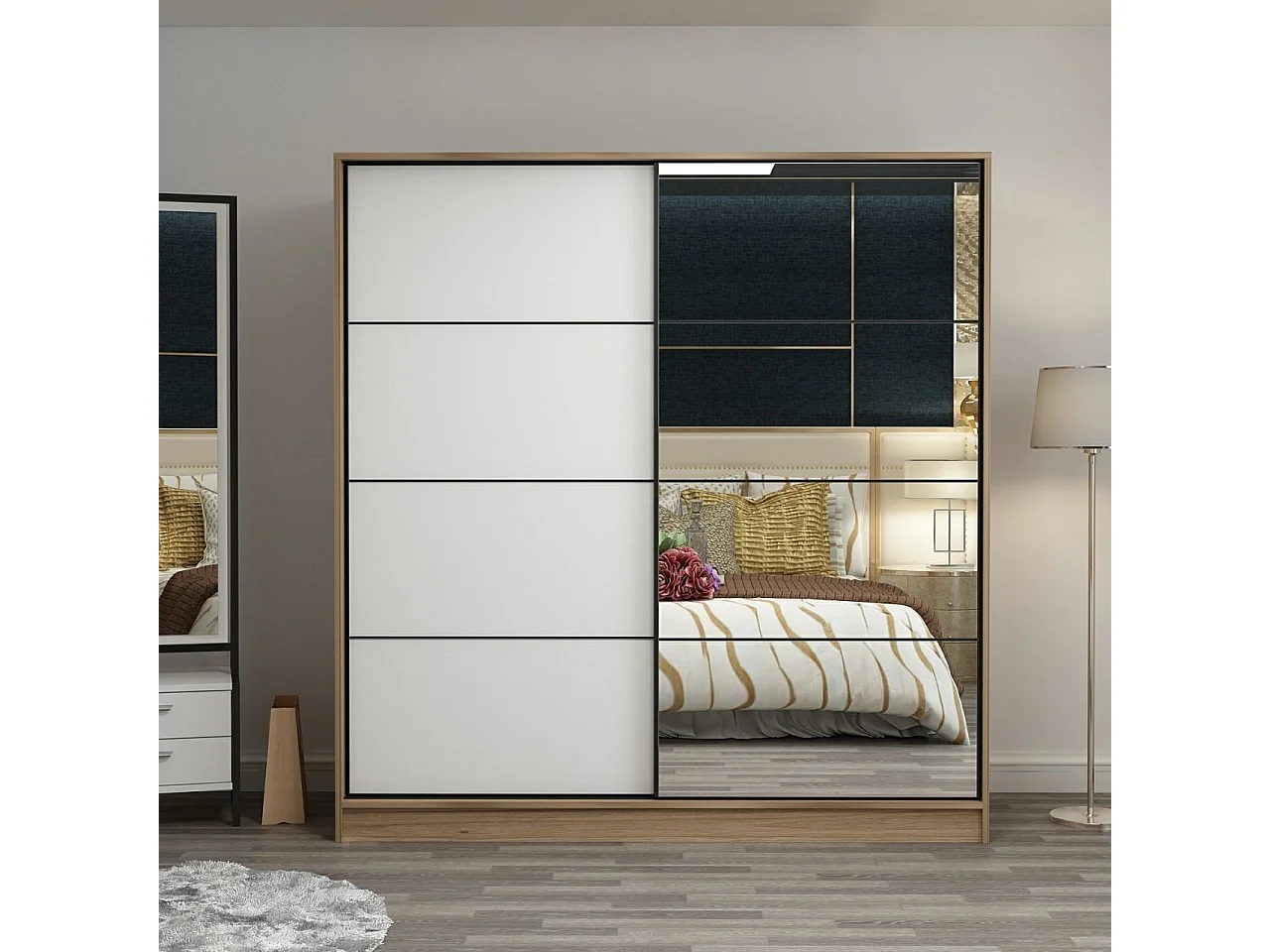 Guardaroba Kailua L333, Bianco|Quercia, 190x180x60cm, Porte guardaroba: Scorrevole