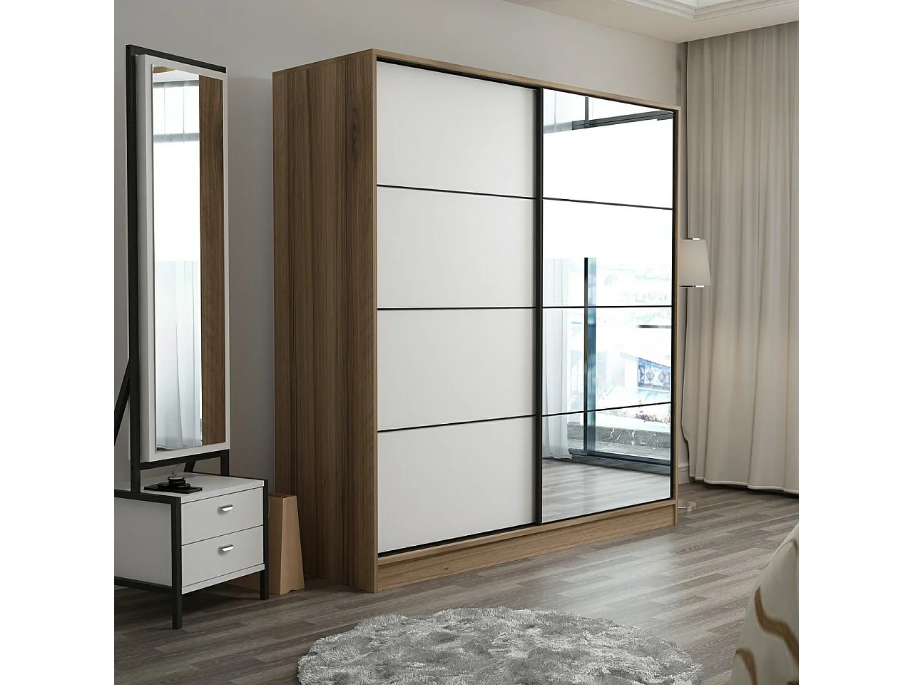Guardaroba Kailua L333, Bianco|Quercia, 190x180x60cm, Porte guardaroba: Scorrevole