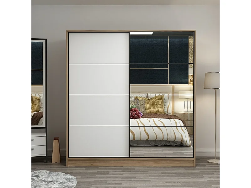 Guardaroba Kailua L333, Bianco|Quercia, 190x180x60cm, Porte guardaroba: Scorrevole