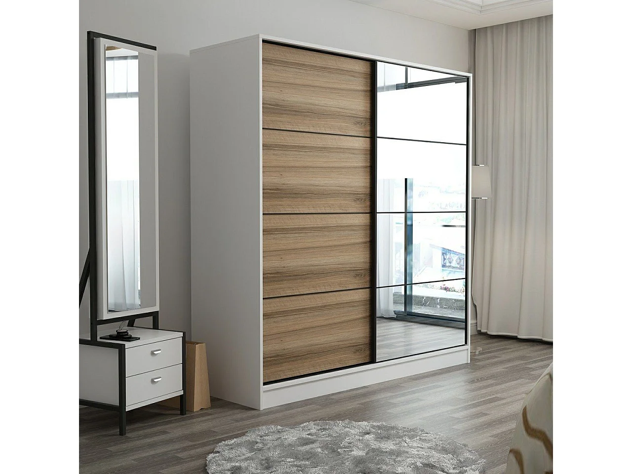 Armario Kailua L333, Roble|Blanco, 190x180x60cm, Puertas de armario: Correderas