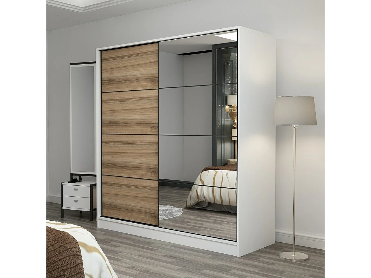 Guardaroba Kailua L333, Bianco|Quercia, 190x180x60cm, Porte guardaroba: Scorrevole