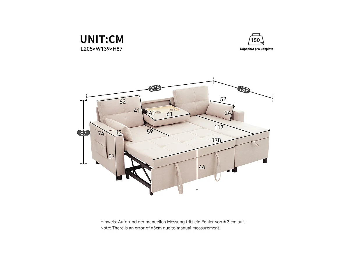Canapé d'angle convertible en velours - 3 places - avec rangement, porte-gobelets en acier inoxydable - 205x139x87cm - Beige