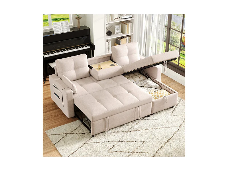 Canapé d'angle convertible en velours - 3 places - avec rangement, porte-gobelets en acier inoxydable - 205x139x87cm - Beige