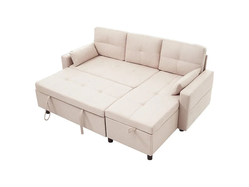 Canapé d'angle convertible en velours - 3 places - avec rangement, porte-gobelets en acier inoxydable - 205x139x87cm - Beige