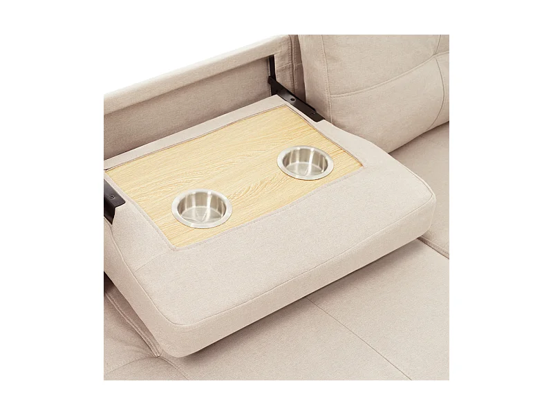 Canapé d'angle convertible en velours - 3 places - avec rangement, porte-gobelets en acier inoxydable - 205x139x87cm - Beige