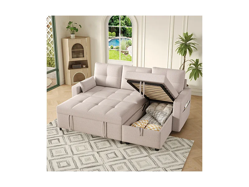 Canapé d'angle convertible en velours - 3 places - avec rangement, porte-gobelets en acier inoxydable - 205x139x87cm - Beige