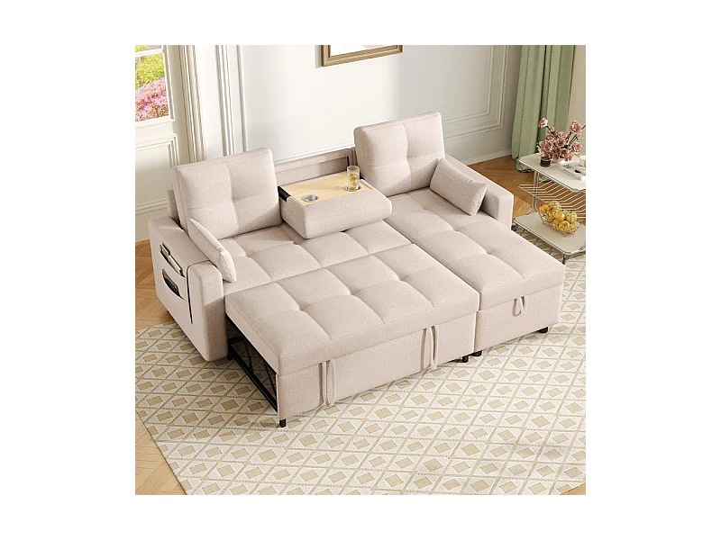 Canapé d'angle convertible en velours - 3 places - avec rangement, porte-gobelets en acier inoxydable - 205x139x87cm - Beige