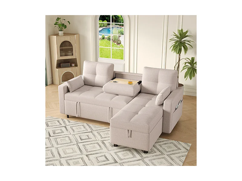 Canapé d'angle convertible en velours - 3 places - avec rangement, porte-gobelets en acier inoxydable - 205x139x87cm - Beige