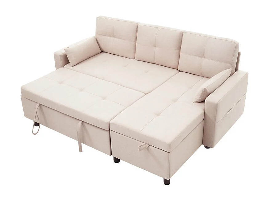 Eck-Schlafsofa aus Samt - 3-Sitzer - mit Stauraum, Edelstahl-Halter für Becher - 205x139x87cm - Beige