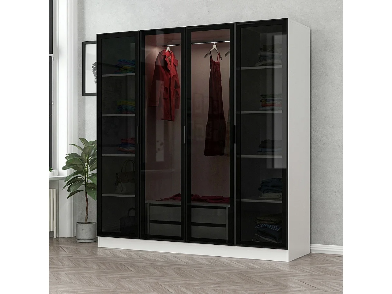 Dressing 4 portes Verre fumé Noir Antipaxos L180xH190cm 1 tringle et 2 tiroirs Blanc