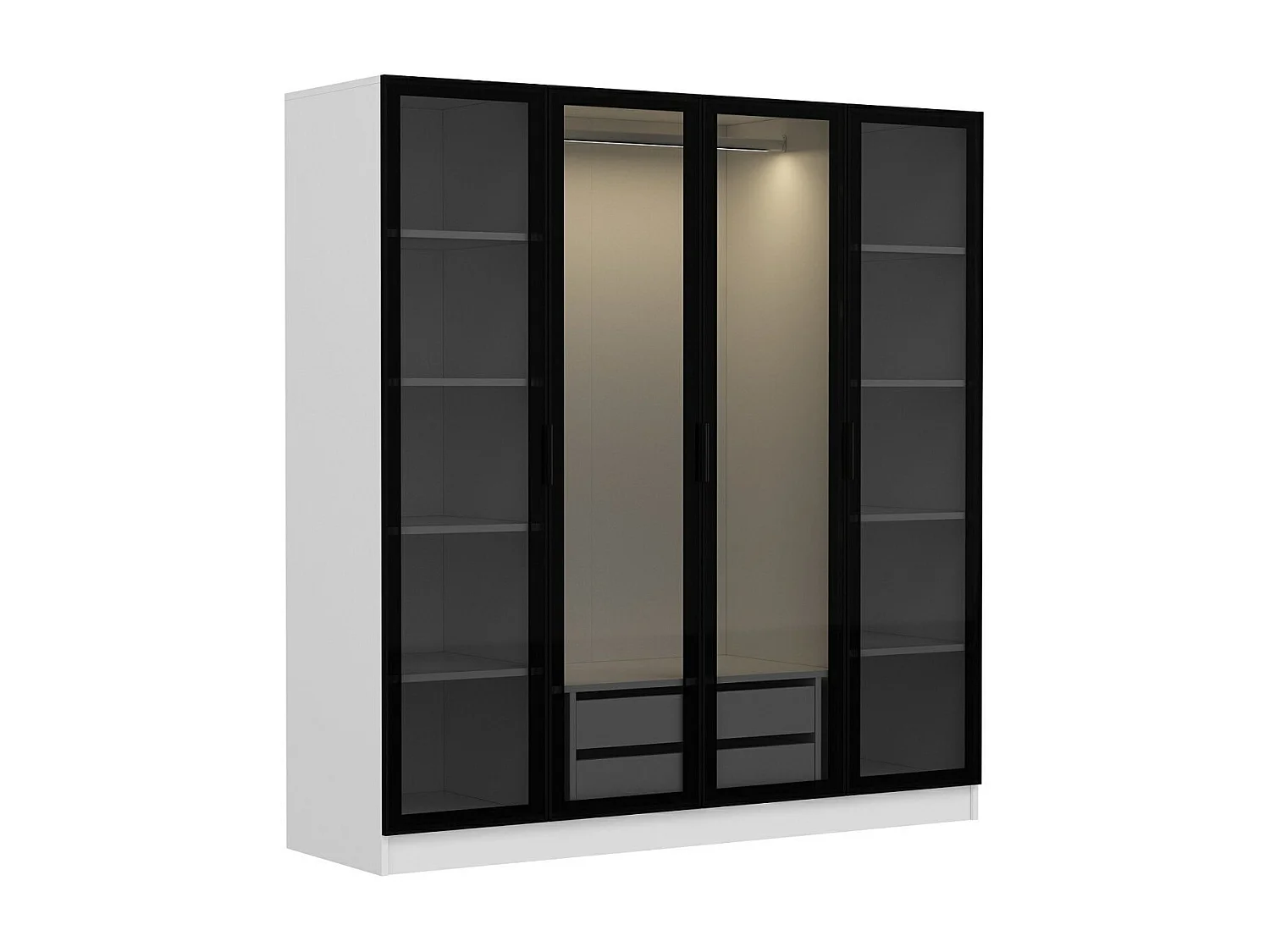 Dressing 4 portes Verre fumé Noir Antipaxos L180xH190cm 1 tringle et 2 tiroirs Blanc