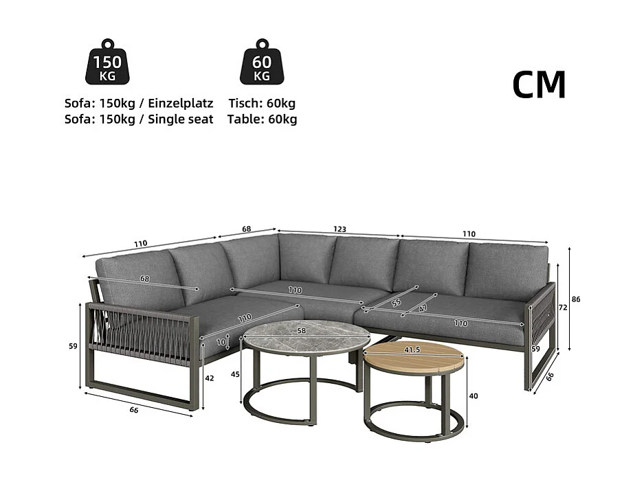 Salotto da giardino per 6-7 persone: divano angolare e 2 tavolini, gambe regolabili, con cuscini, Grigio