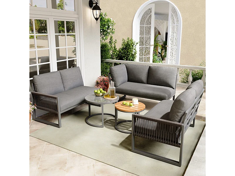 Salotto da giardino per 6-7 persone: divano angolare e 2 tavolini, gambe regolabili, con cuscini, Grigio
