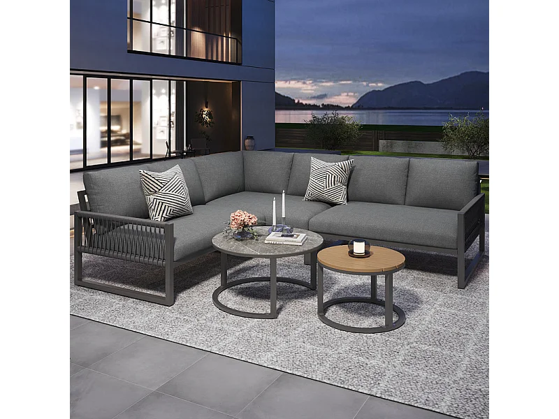 Salotto da giardino per 6-7 persone: divano angolare e 2 tavolini, gambe regolabili, con cuscini, Grigio