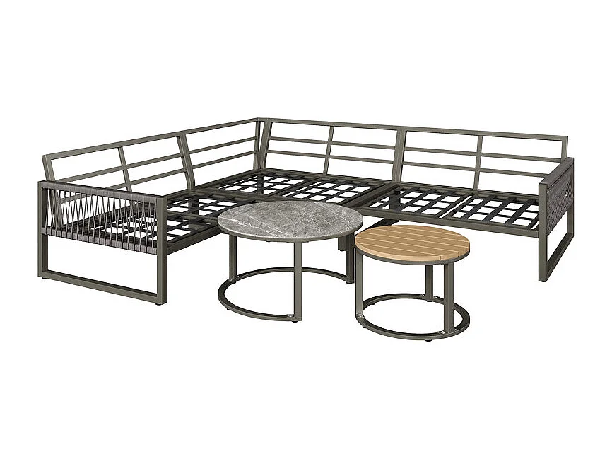 Salotto da giardino per 6-7 persone: divano angolare e 2 tavolini, gambe regolabili, con cuscini, Grigio