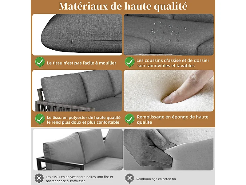 Salotto da giardino per 6-7 persone: divano angolare e 2 tavolini, gambe regolabili, con cuscini, Grigio