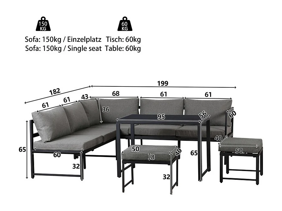 Salon de jardin en aluminium: canapé 3 places, canapé 2 places et table en verre - avec fonction de couchage - Gris