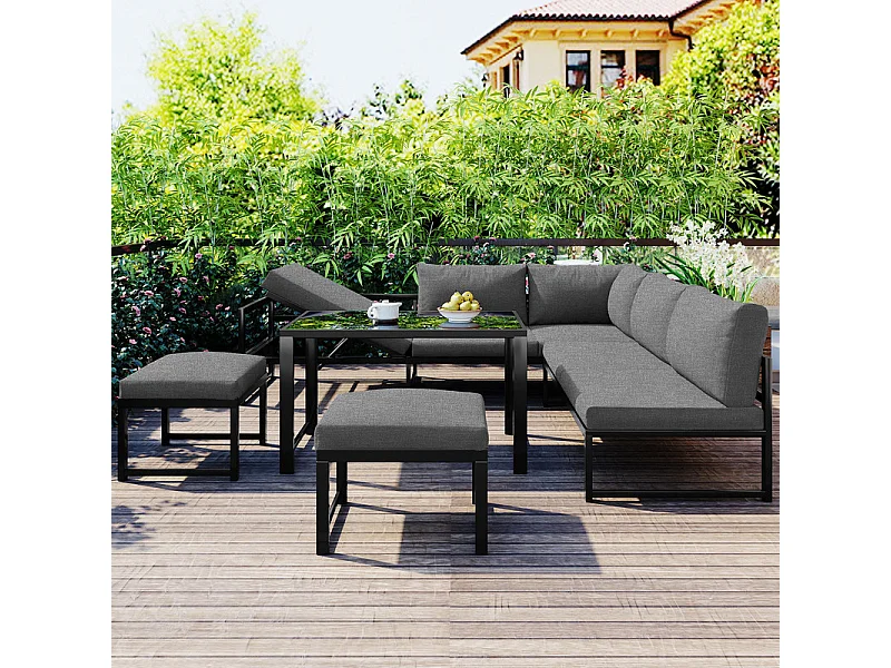 Salon de jardin en aluminium: canapé 3 places, canapé 2 places et table en verre - avec fonction de couchage - Gris