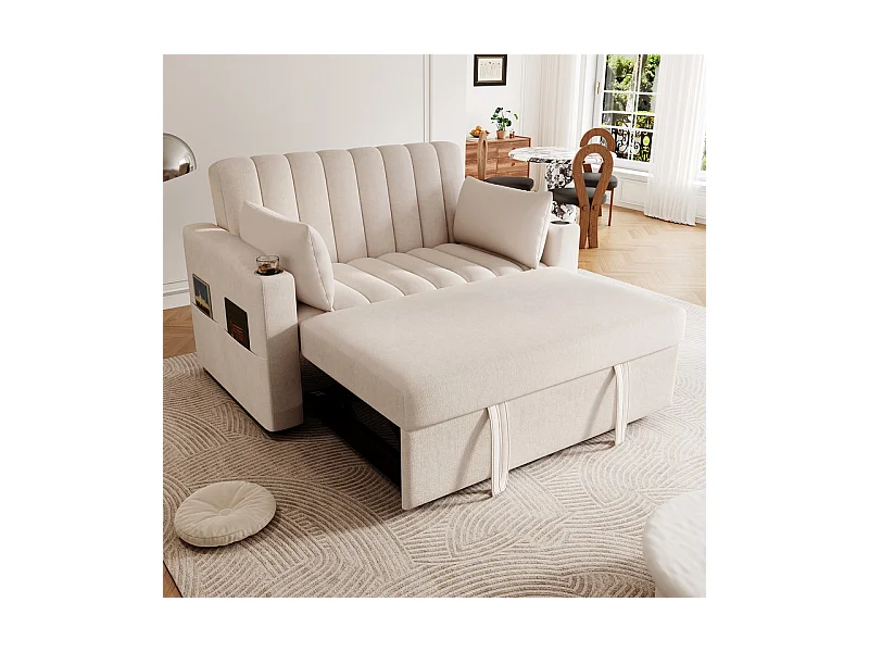 Sofá 2 lugares conversível em algodão bege - com 2 almofadas e porta-copos - encosto ajustável - 136x162x84cm