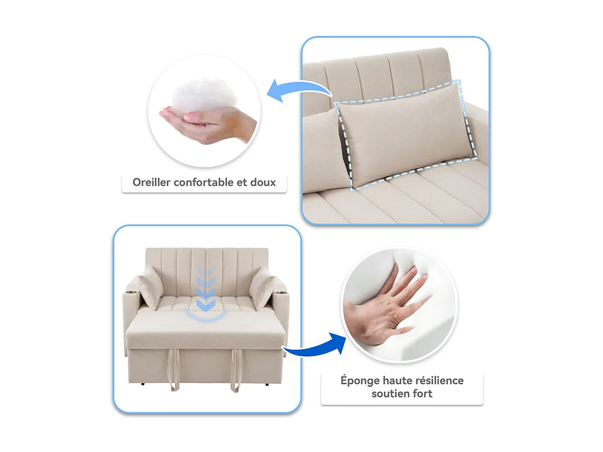 Sofá 2 lugares conversível em algodão bege - com 2 almofadas e porta-copos - encosto ajustável - 136x162x84cm