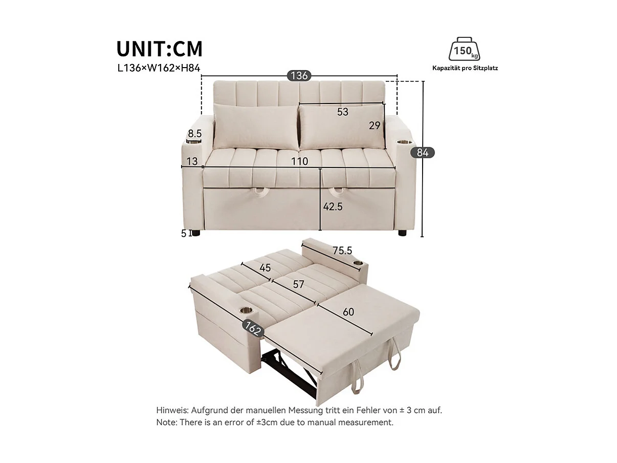 Canapé 2 places convertible en Cotton beige - avec 2 oreiller et porte-gobelets - dossier réglable - 136x162x84cm