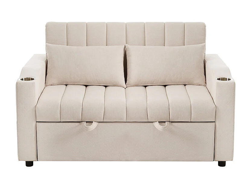Canapé 2 places convertible en Cotton beige - avec 2 oreiller et porte-gobelets - dossier réglable - 136x162x84cm