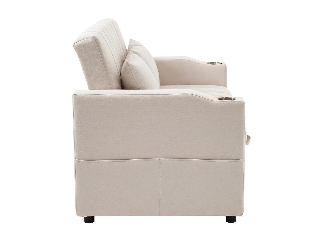 Canapé 2 places convertible en Cotton beige - avec 2 oreiller et porte-gobelets - dossier réglable - 136x162x84cm