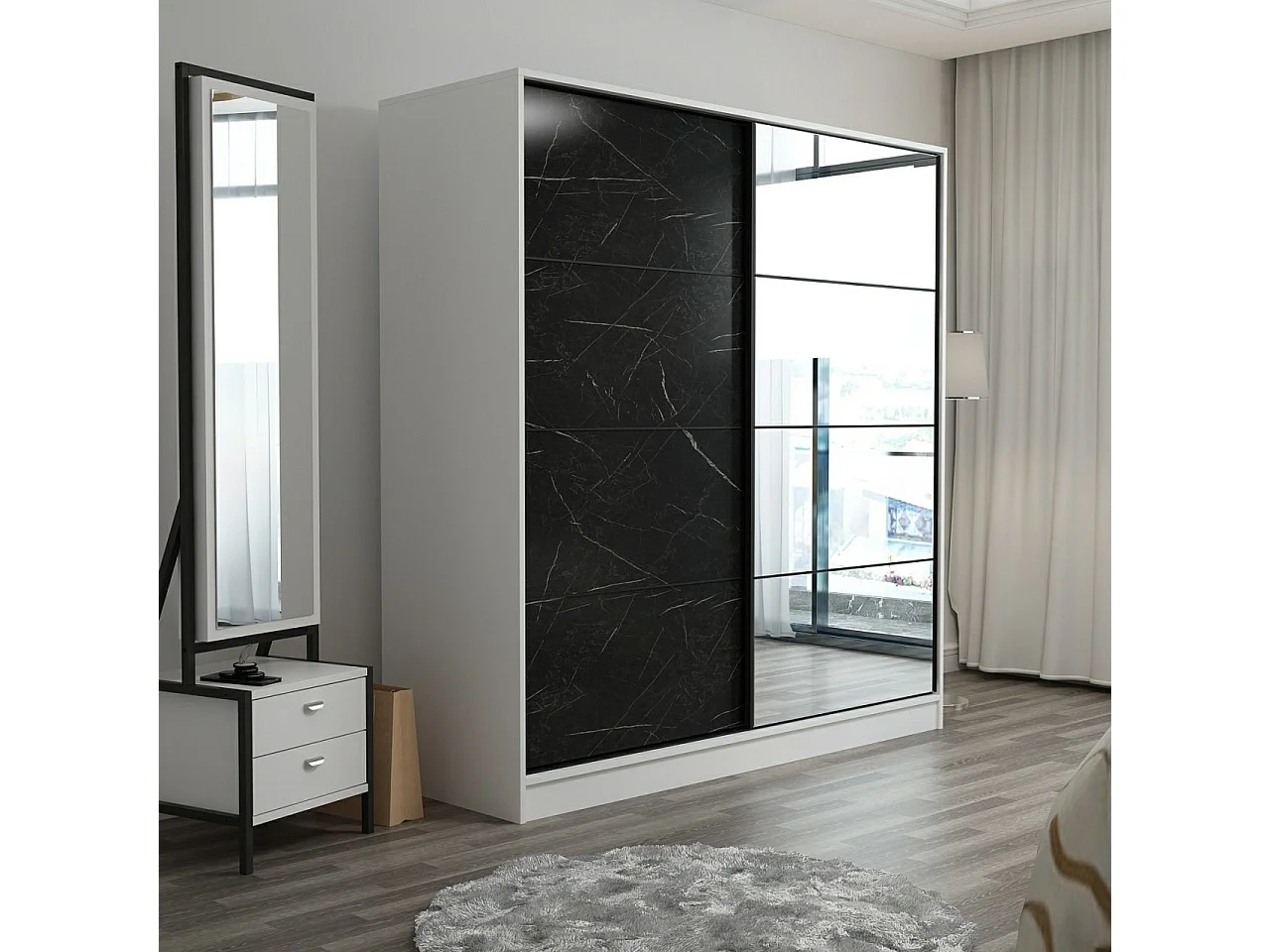 Dressing Carina Blanc L180xH190cm avec 2 portes coulissantes Miroir à droite et Effet marbre Noir